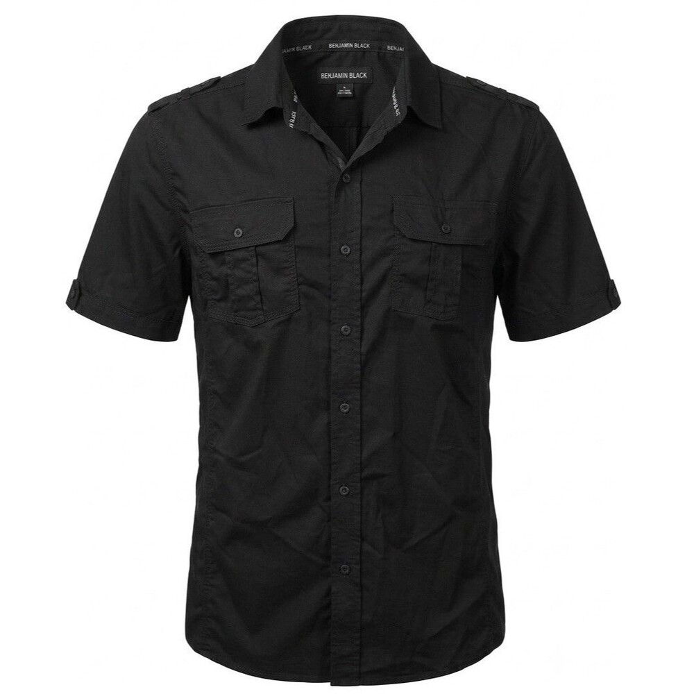 Benjamin Black Mens Large Shirt Short Sleeve Black Button Front Epaulets Stretch
